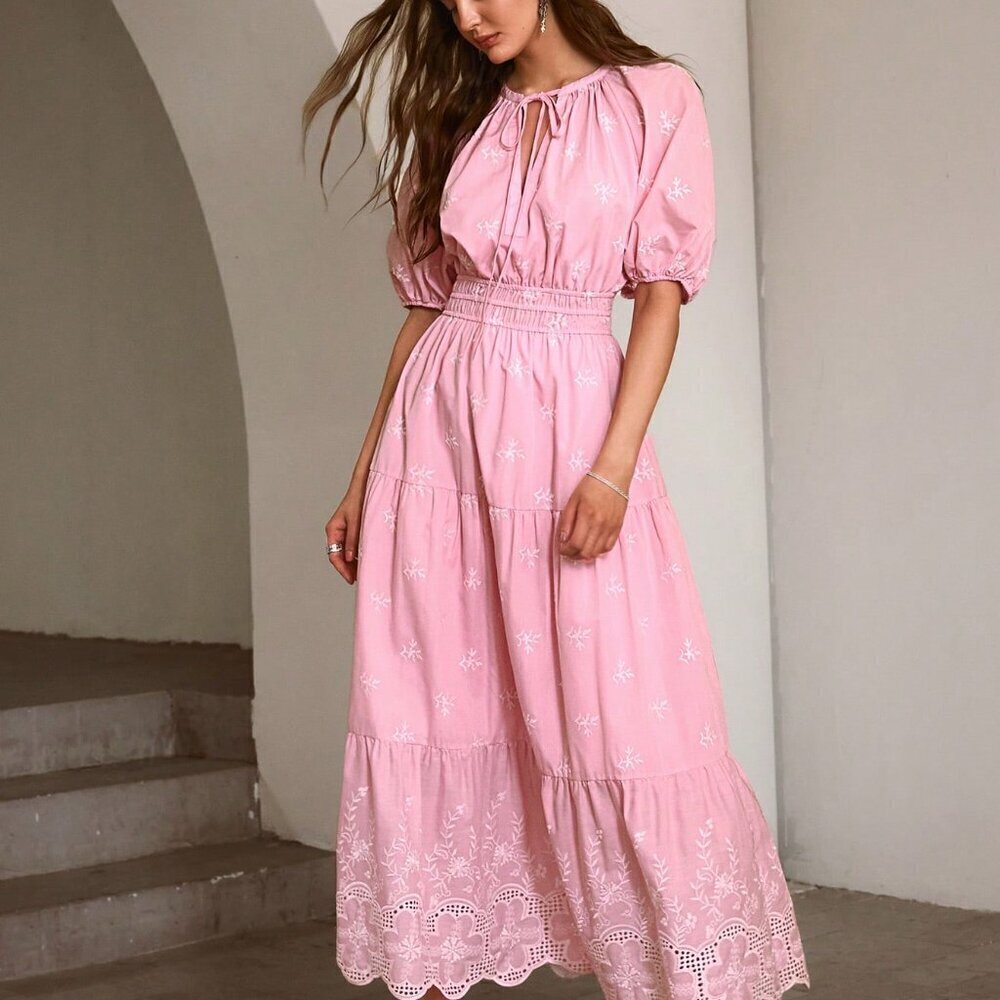 Pink Casual Women's Embroidered Lantern Sleeve Tie-Up Long Dress